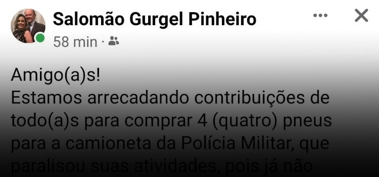 Prefeito pede dinheiro nas redes sociais para comprar pneus para PM