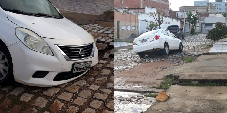 Carro cai em buraco formado pelas chuvas em Mossoró
