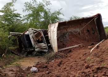 Condutor perde controle e tomba caçamba na BR-110