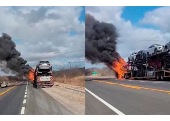 Carreta cegonha pega fogo na BR-304 no Vale do Açu