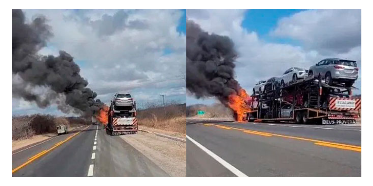Carreta cegonha pega fogo na BR-304 no Vale do Açu 