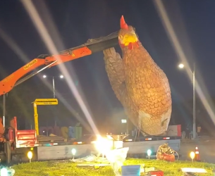 Após ventania, estátua da galinha é reinstalada em posto de Assú