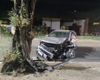 Carro fica destruído após colisão com árvore na avenida Diocesana